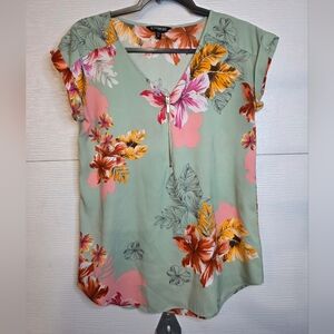 Express Tropical Floral Blouse - Green and Pink